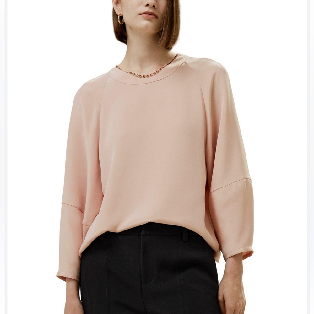 NWOT Lilysilk nude beige 100% mulberry washable silk top blouse, size 12/L